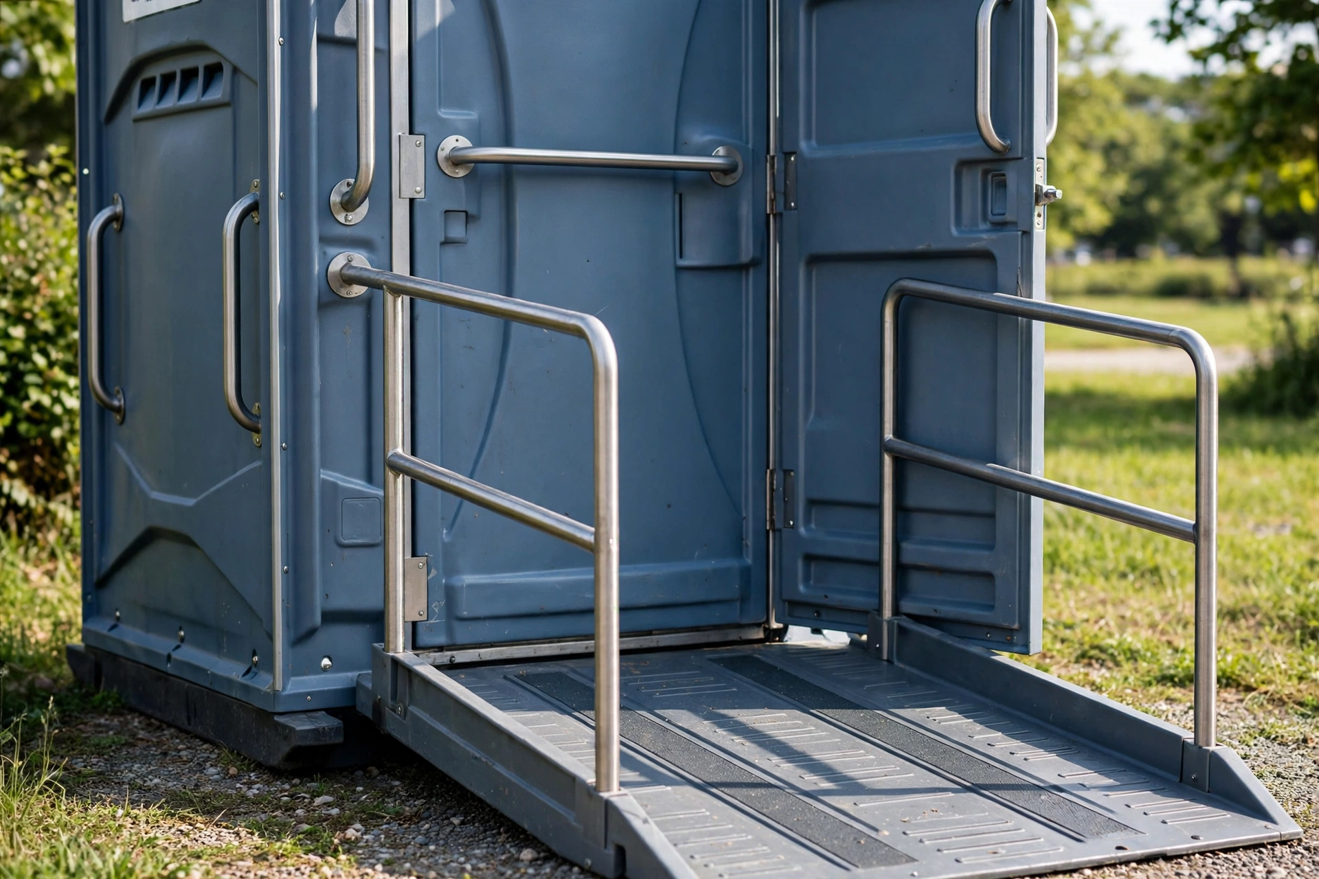 Close-up of an ADA compliant portable toilet with grab bars and access ramp