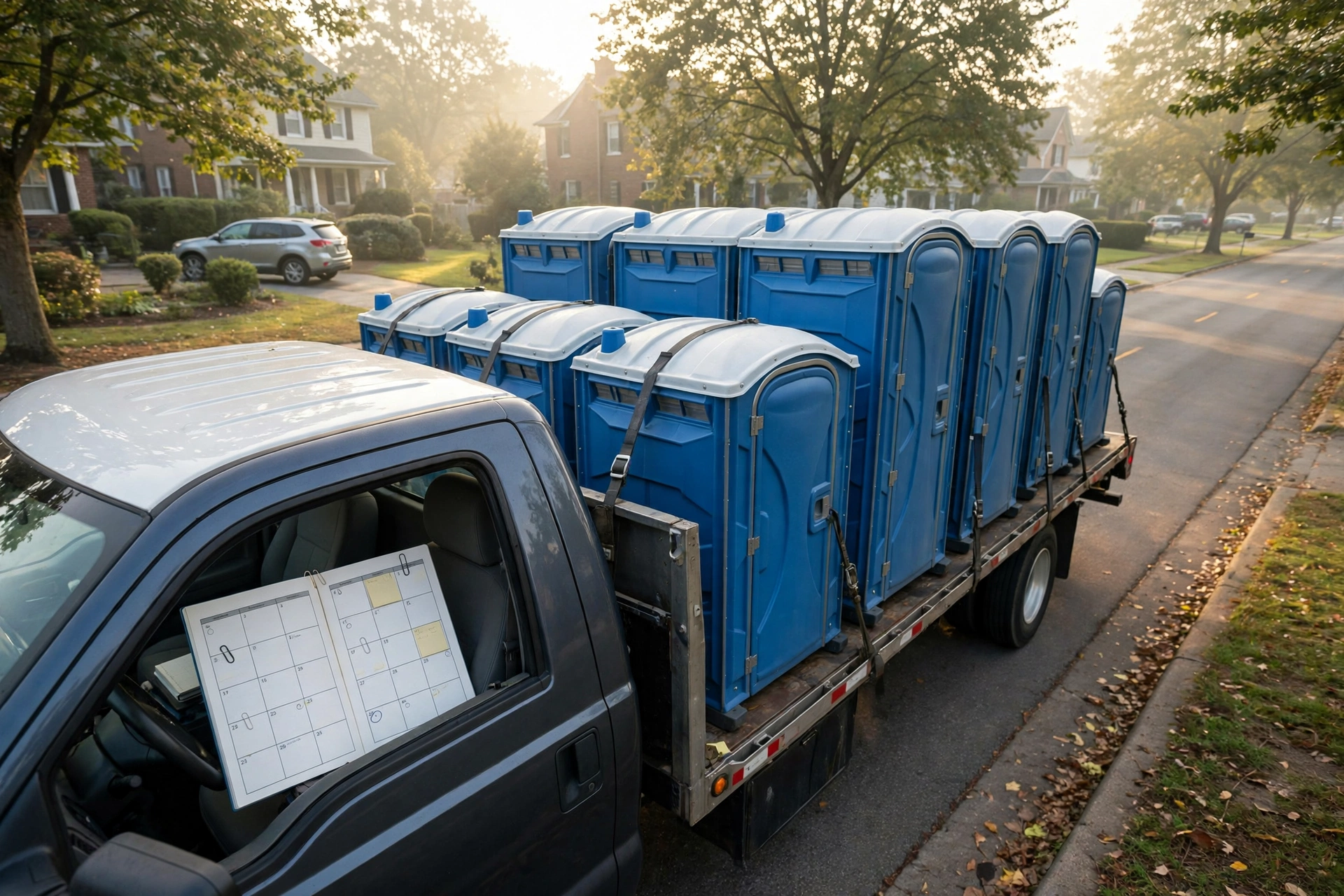 Flatbed delivery truck loaded with portable toilets on a suburban road