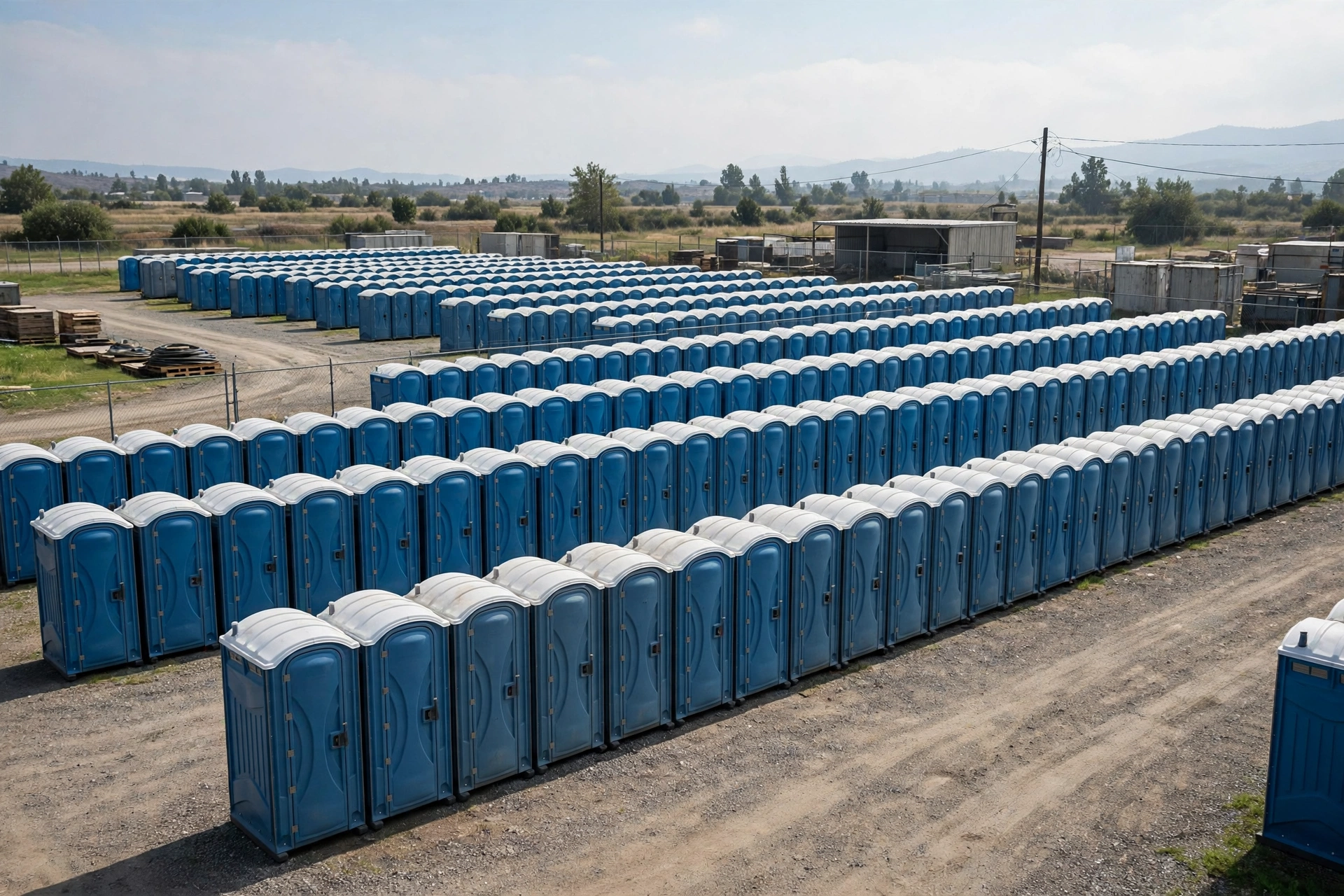 Rental yard with dozens of portable toilets stored in neat rows