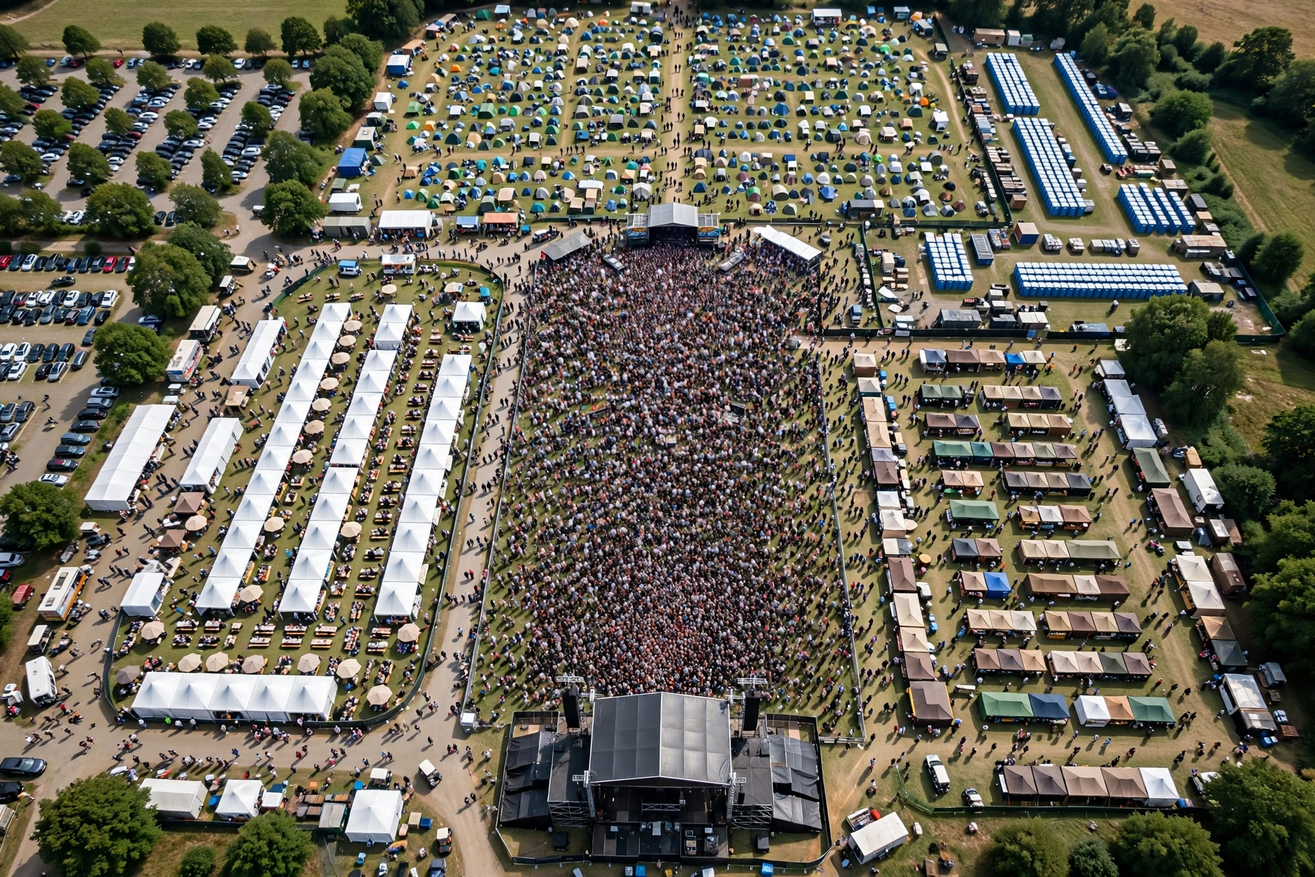 Aerial view of a large outdoor festival crowd
