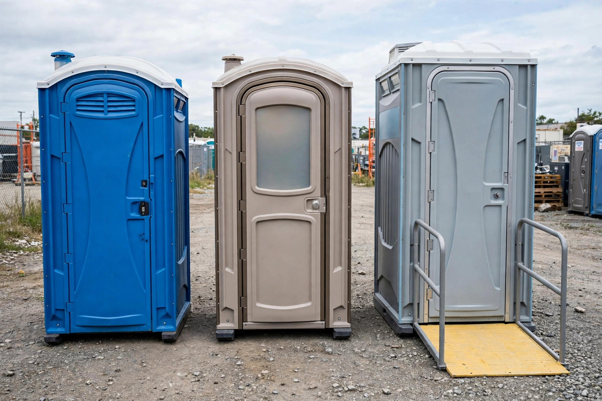 Standard, deluxe, and ADA portable toilet units side by side in a rental yard