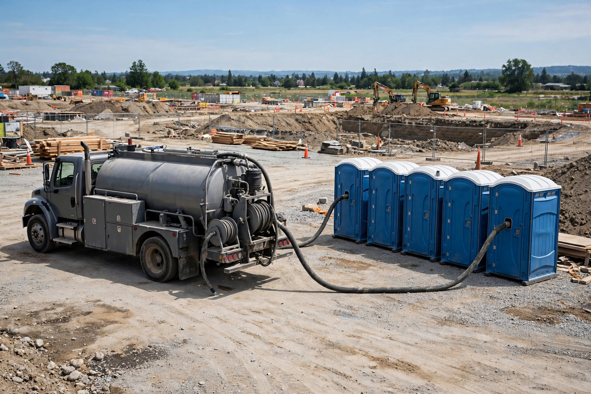Vacuum service truck servicing portable toilets at a job site