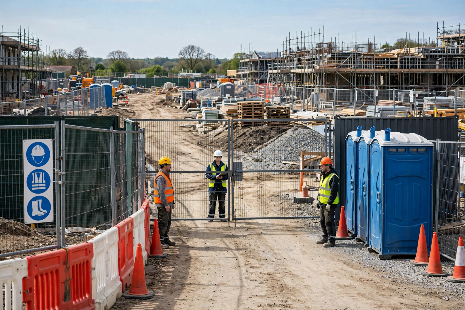 Construction site entrance with safety signage and portable toilets nearby
