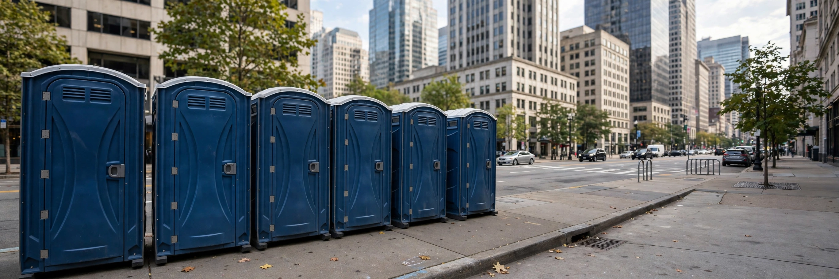 Portable toilets placed on a city sidewalk next to a downtown street