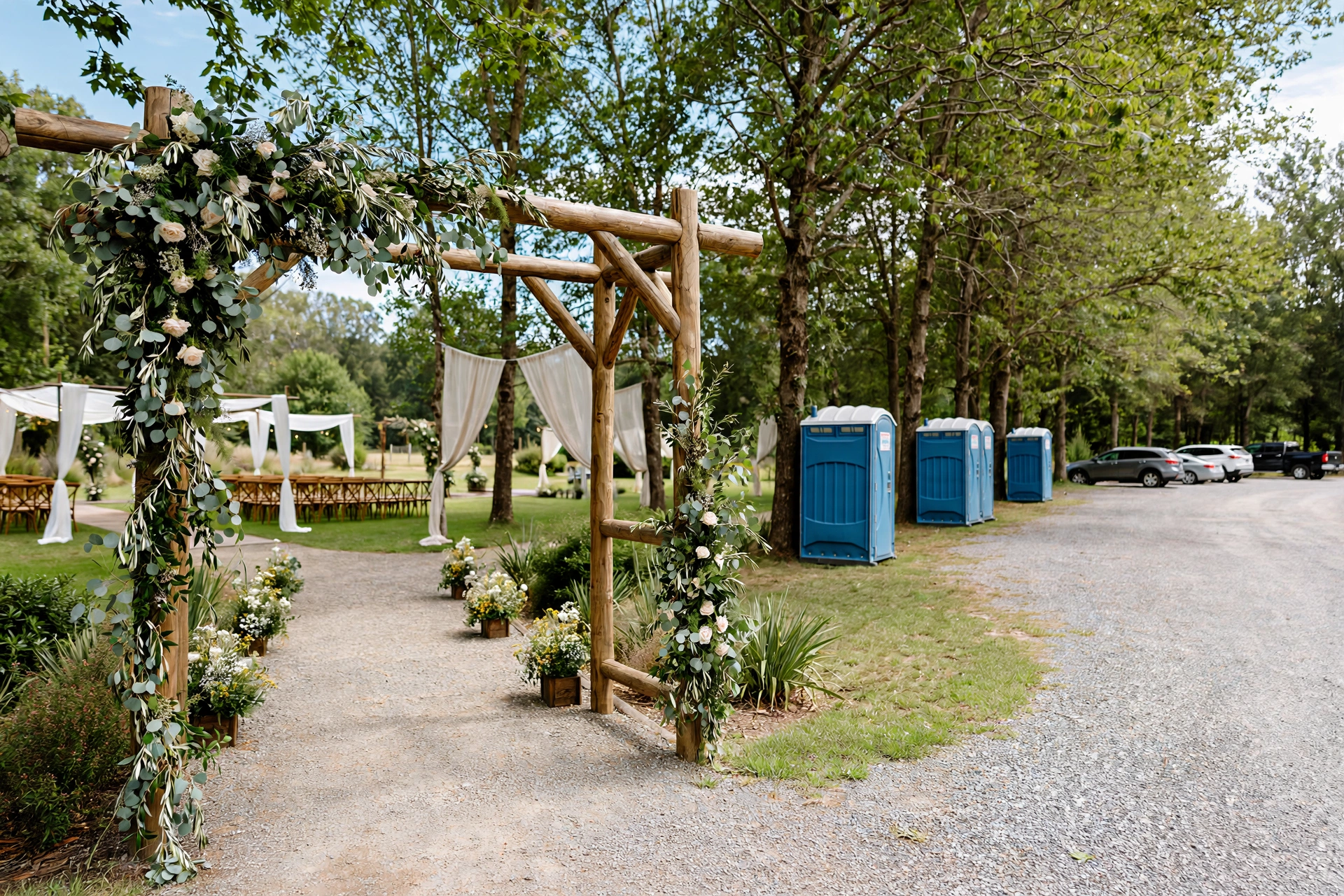 Portable toilets placed along the tree line near a wedding venue entrance
