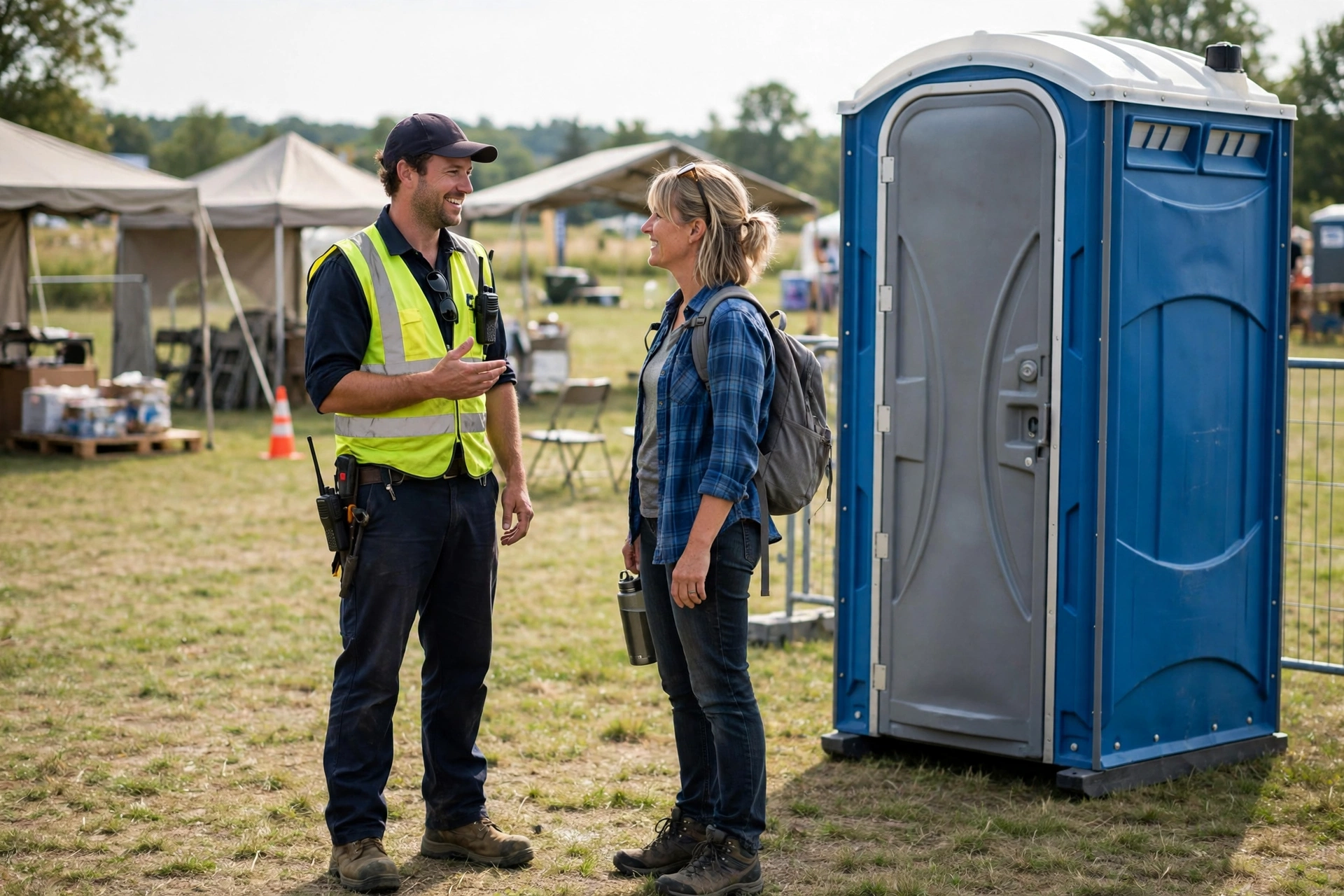 Rental company driver talking with a customer next to a delivered portable toilet