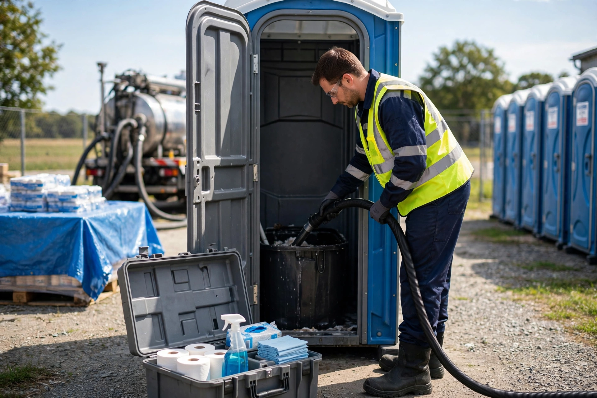 Service technician cleaning and restocking a portable toilet with a vacuum hose