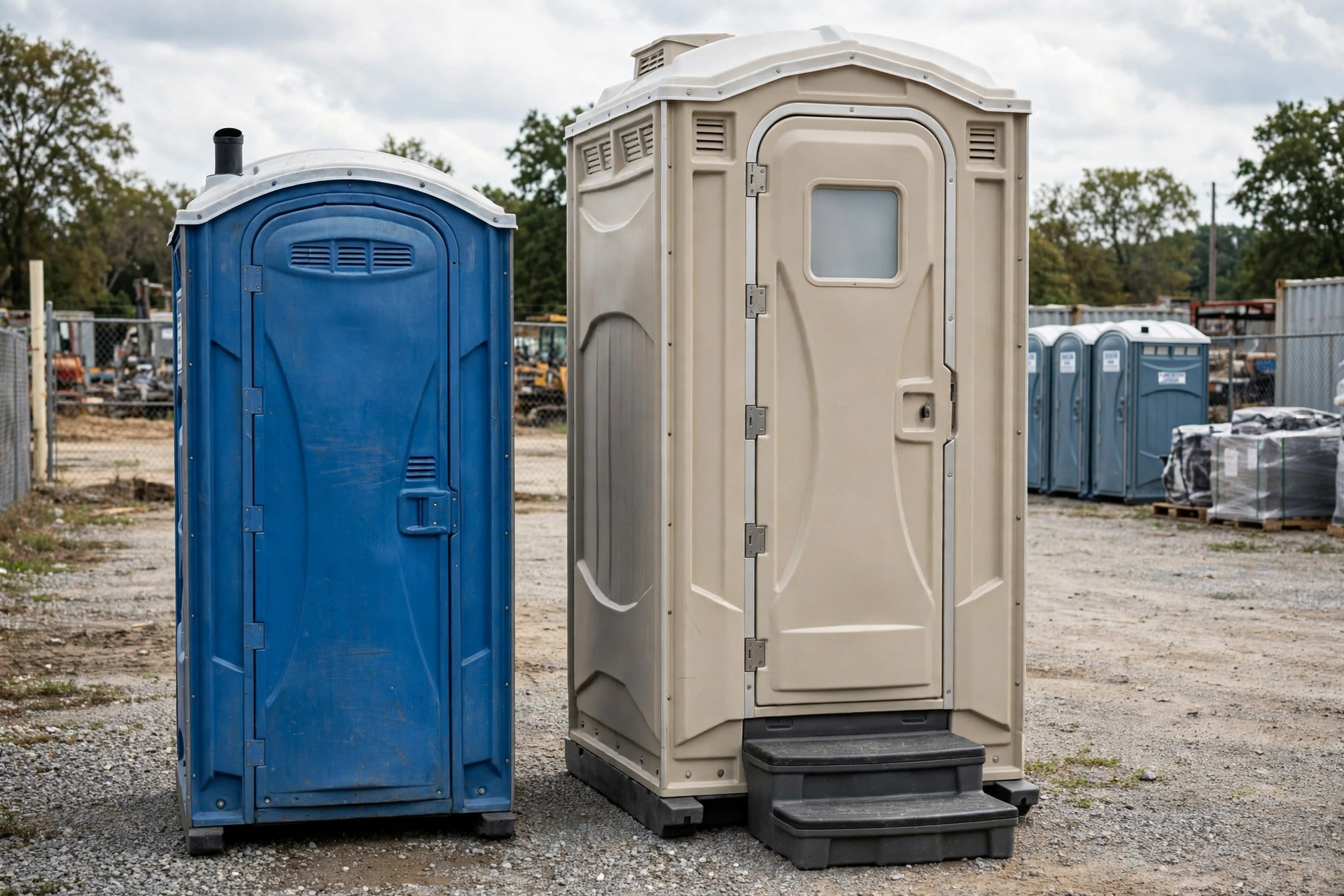 Standard portable toilet next to a larger deluxe flushable unit for comparison