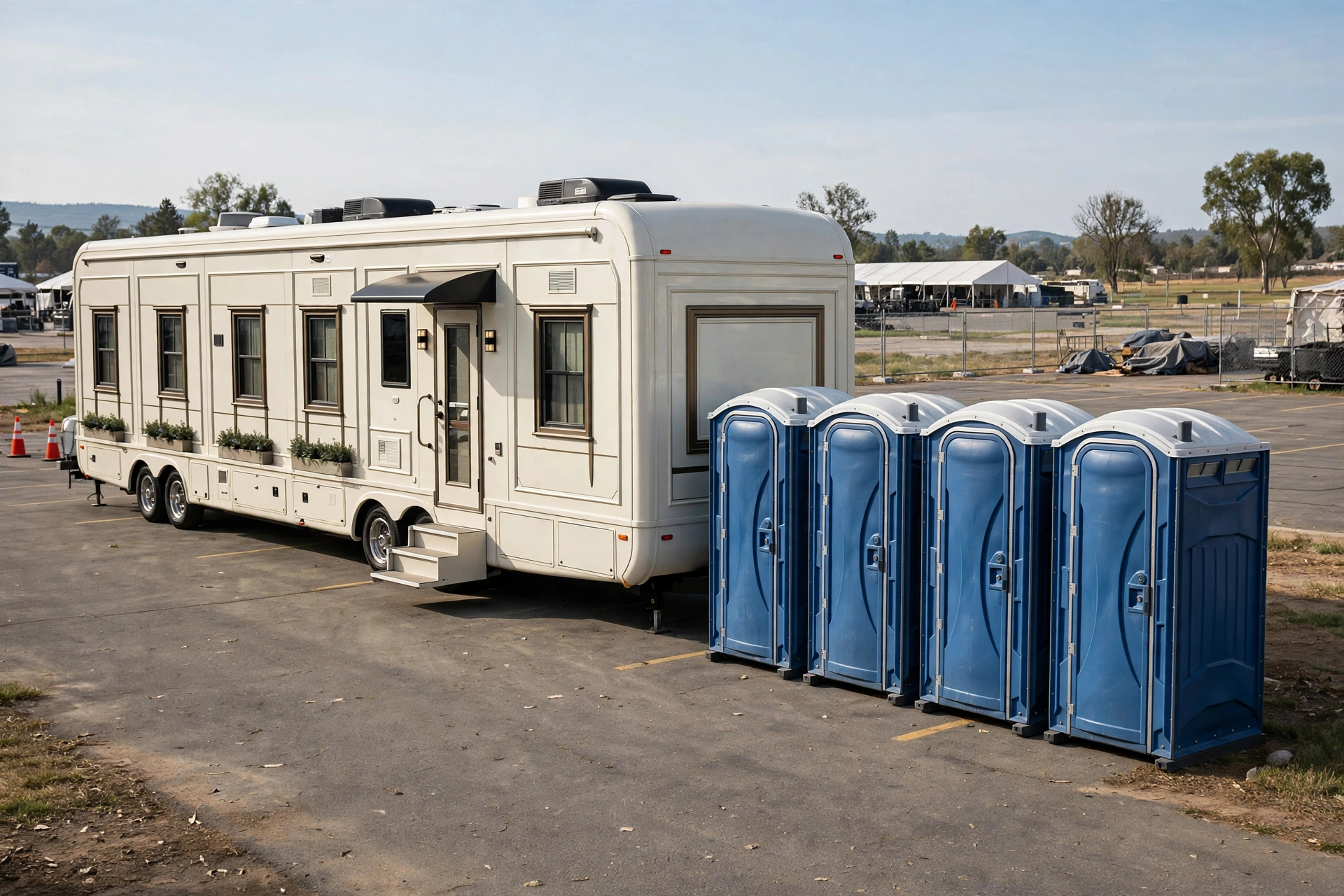 Luxury restroom trailer parked next to standard portable toilets