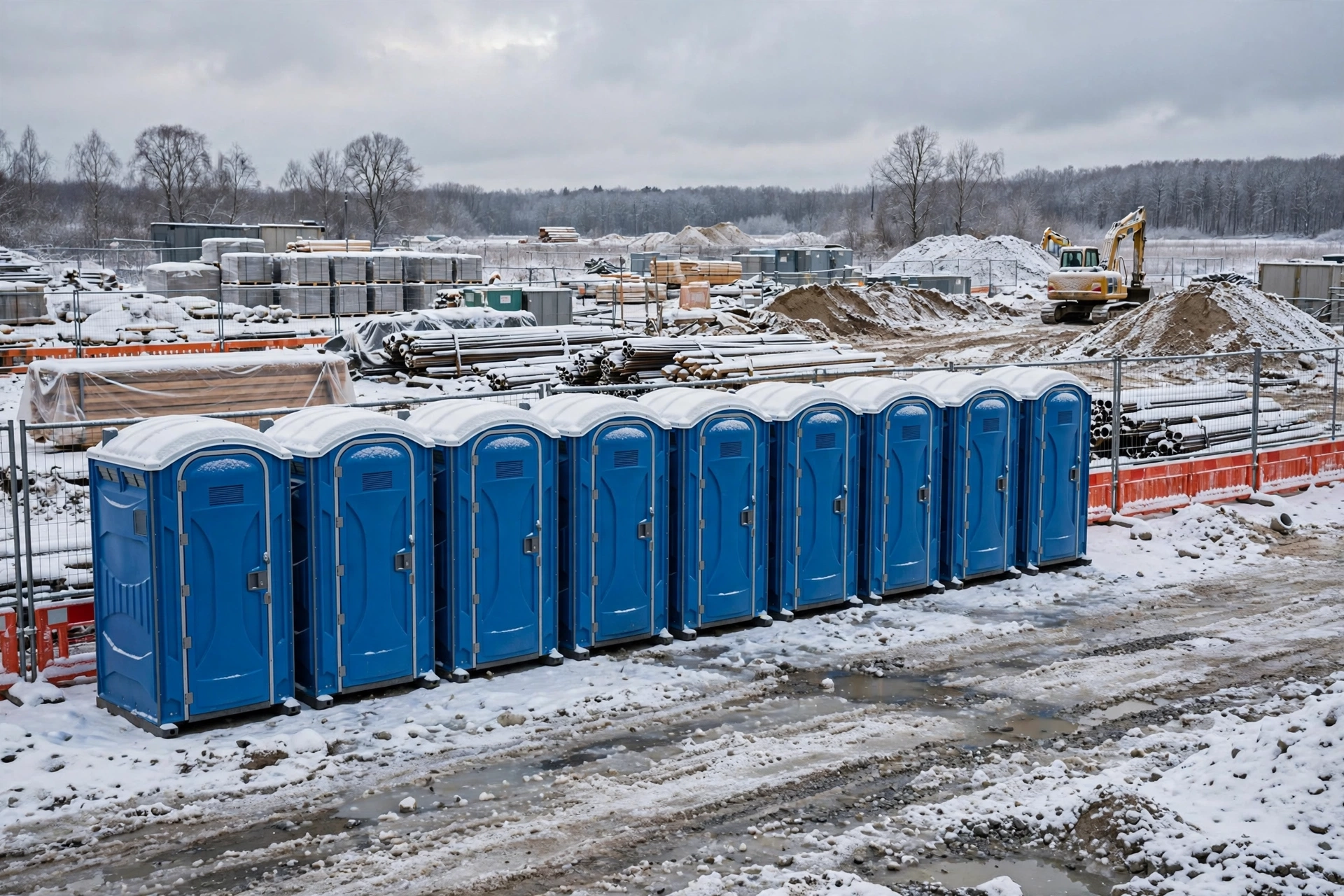 Portable toilets with light snow cover at a winter construction site