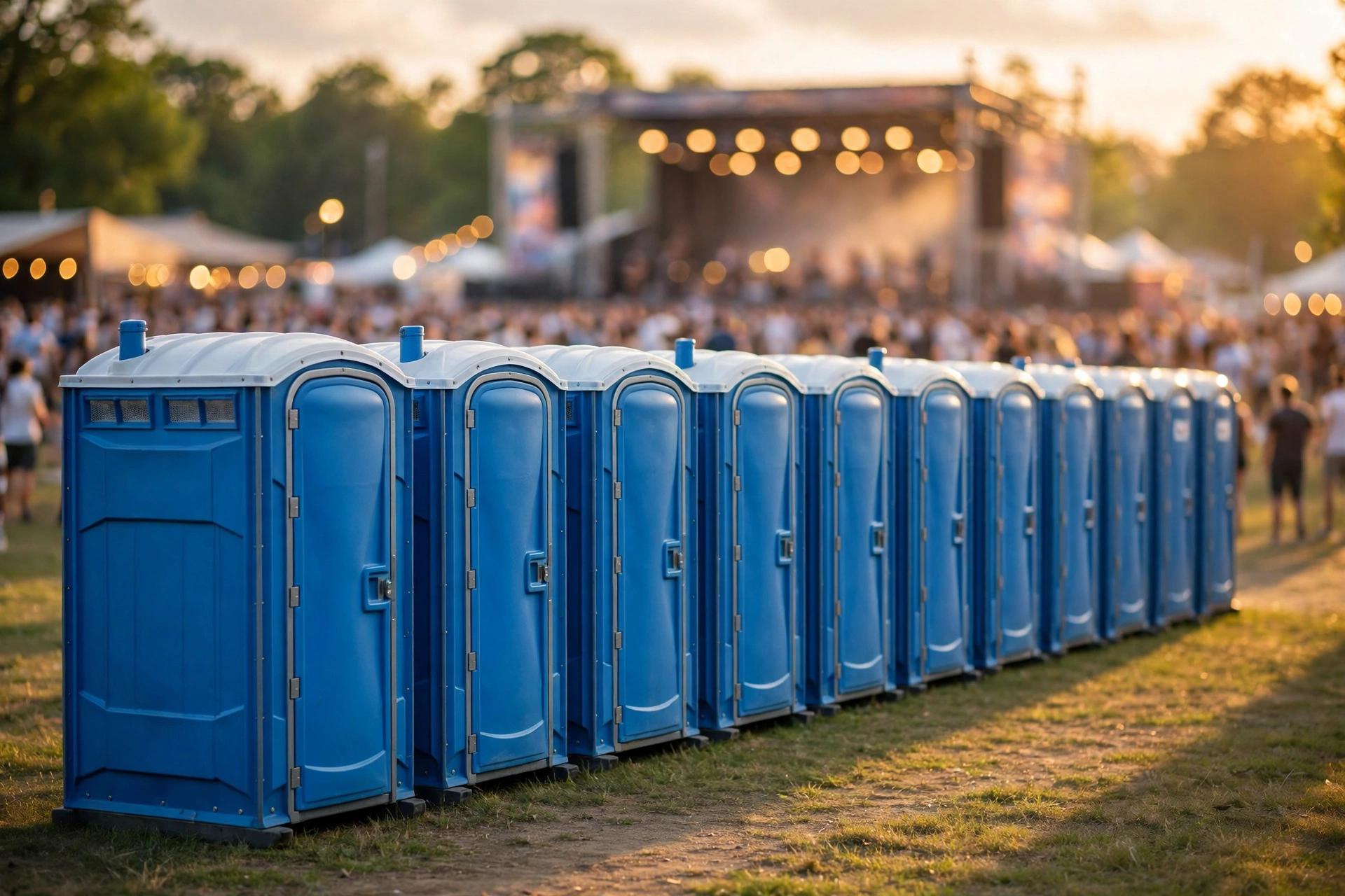 Row of portable toilets lined up at an outdoor festival with crowds in the background