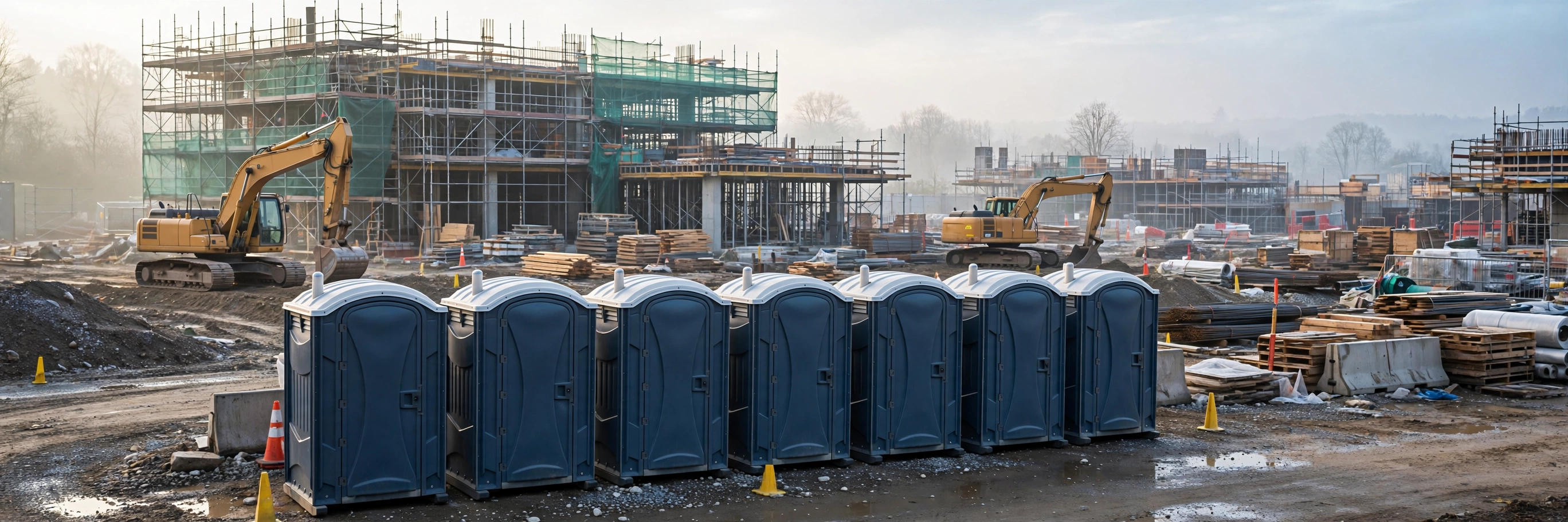 Portable toilets staged in a row at an active construction site