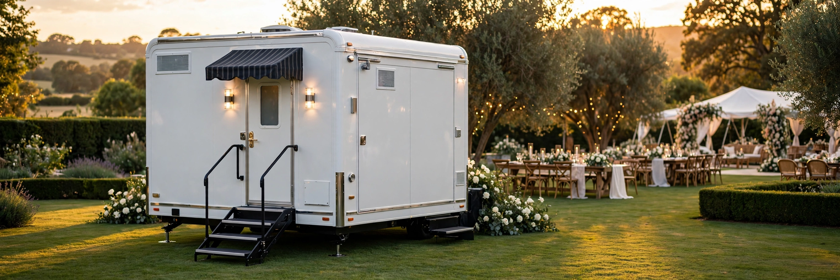 Luxury restroom trailer parked at an upscale outdoor wedding venue