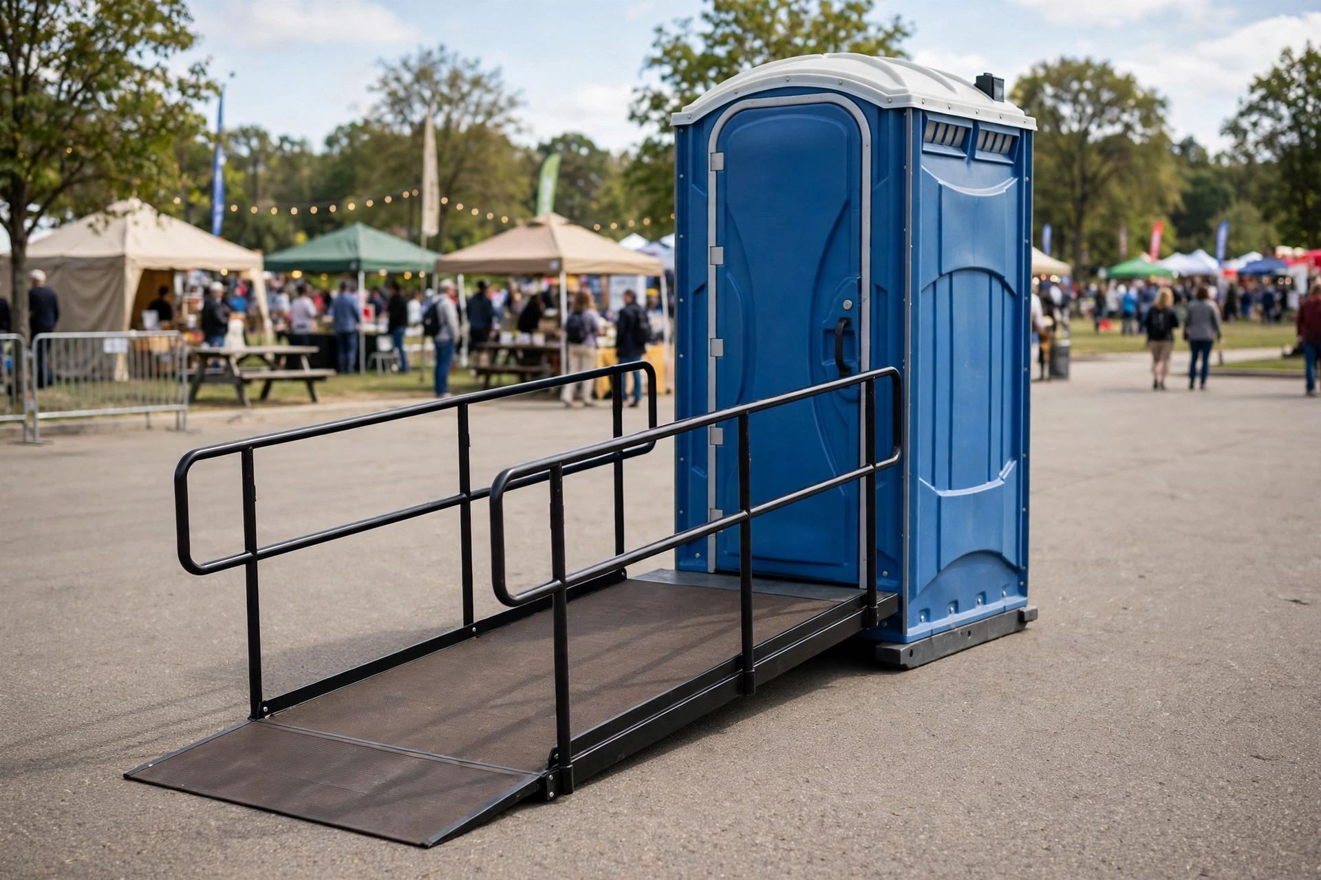 ADA accessible portable toilet with access ramp and handrails at a public event