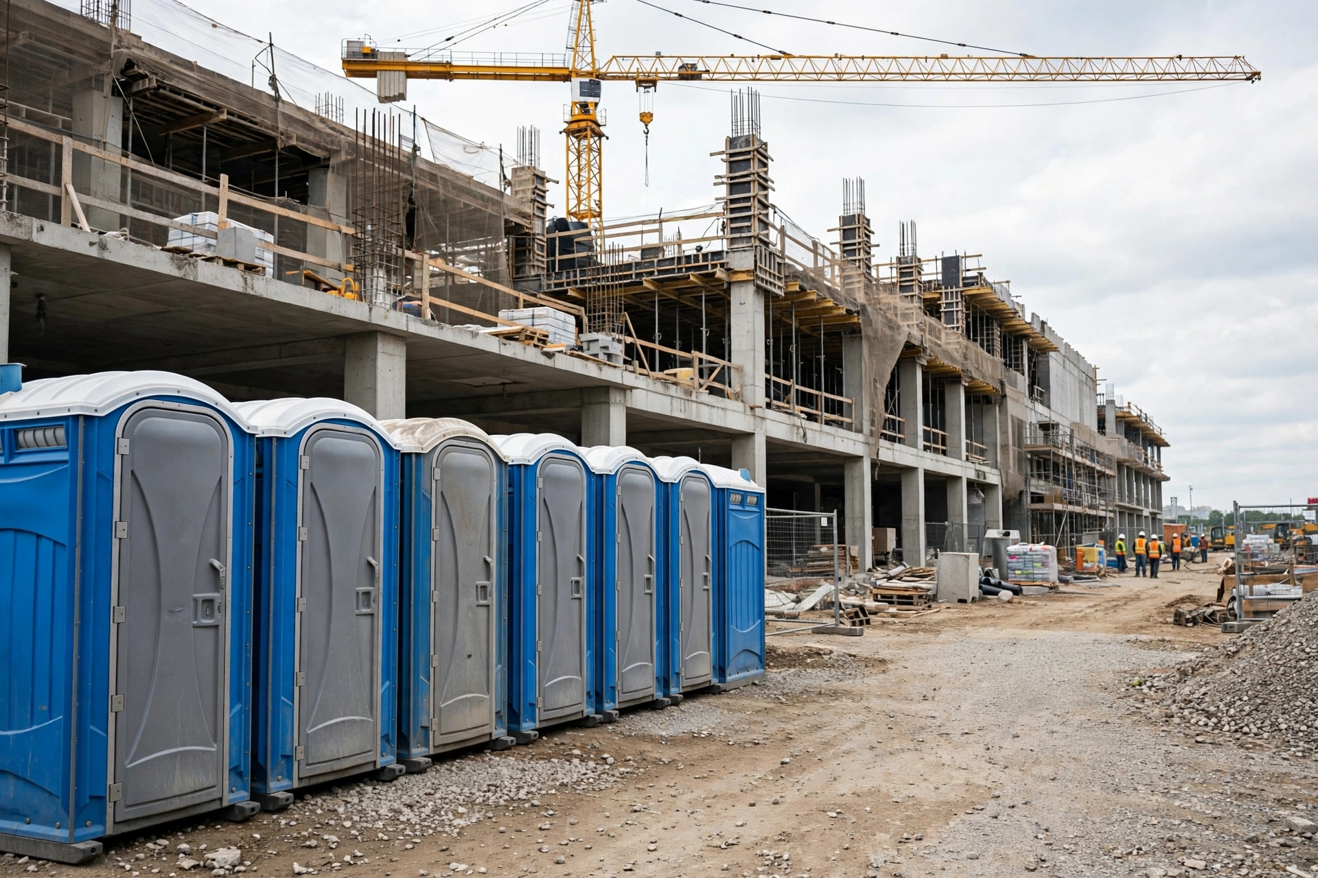 Portable toilets lined up beside a commercial building under construction