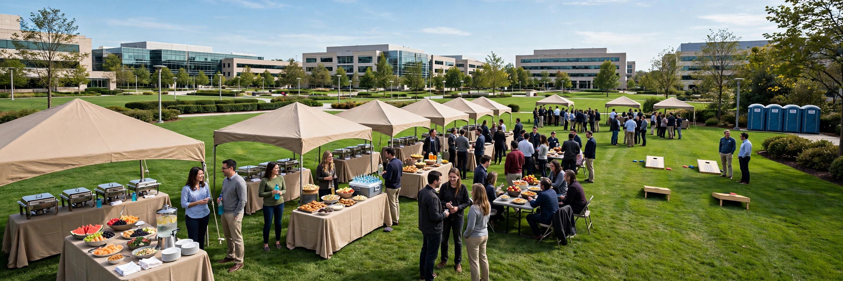 Corporate outdoor event on a campus lawn with portable restrooms at the edge