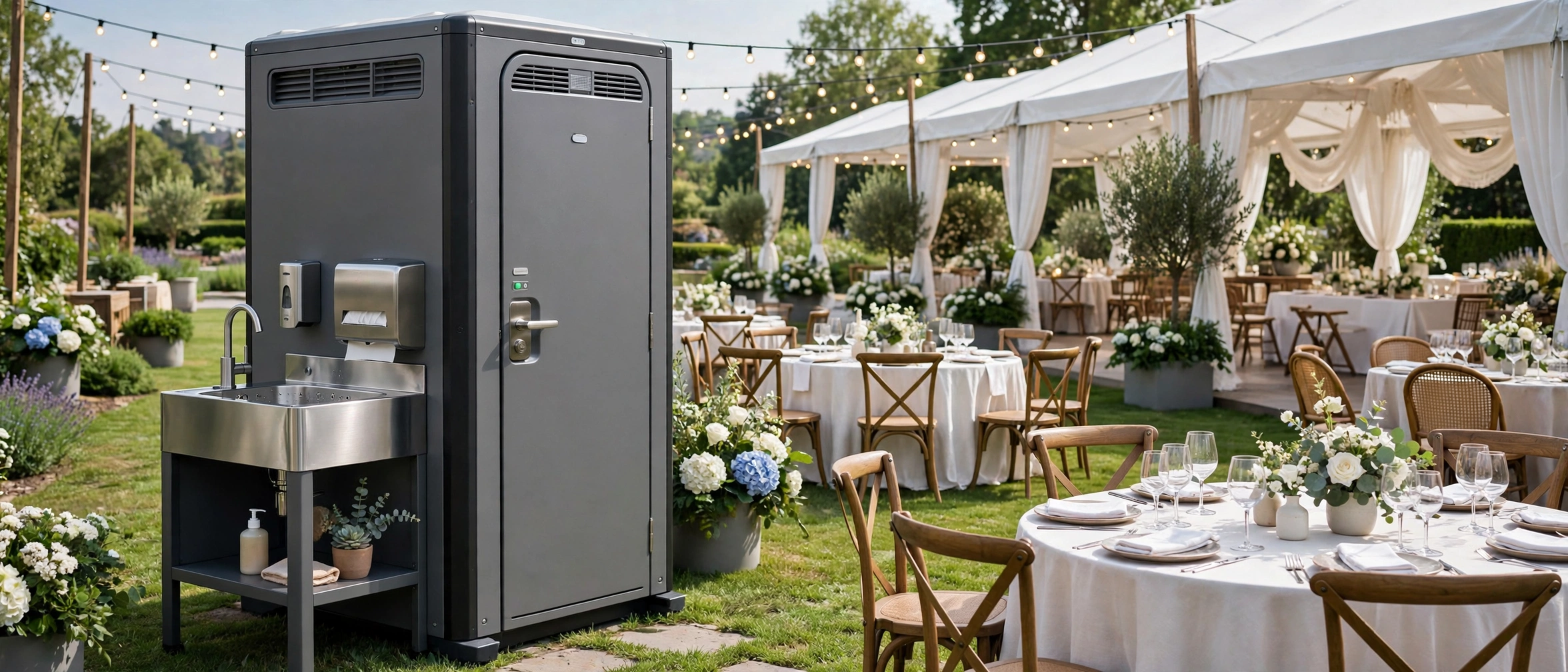 Modern deluxe flushable portable toilet unit at an upscale outdoor event