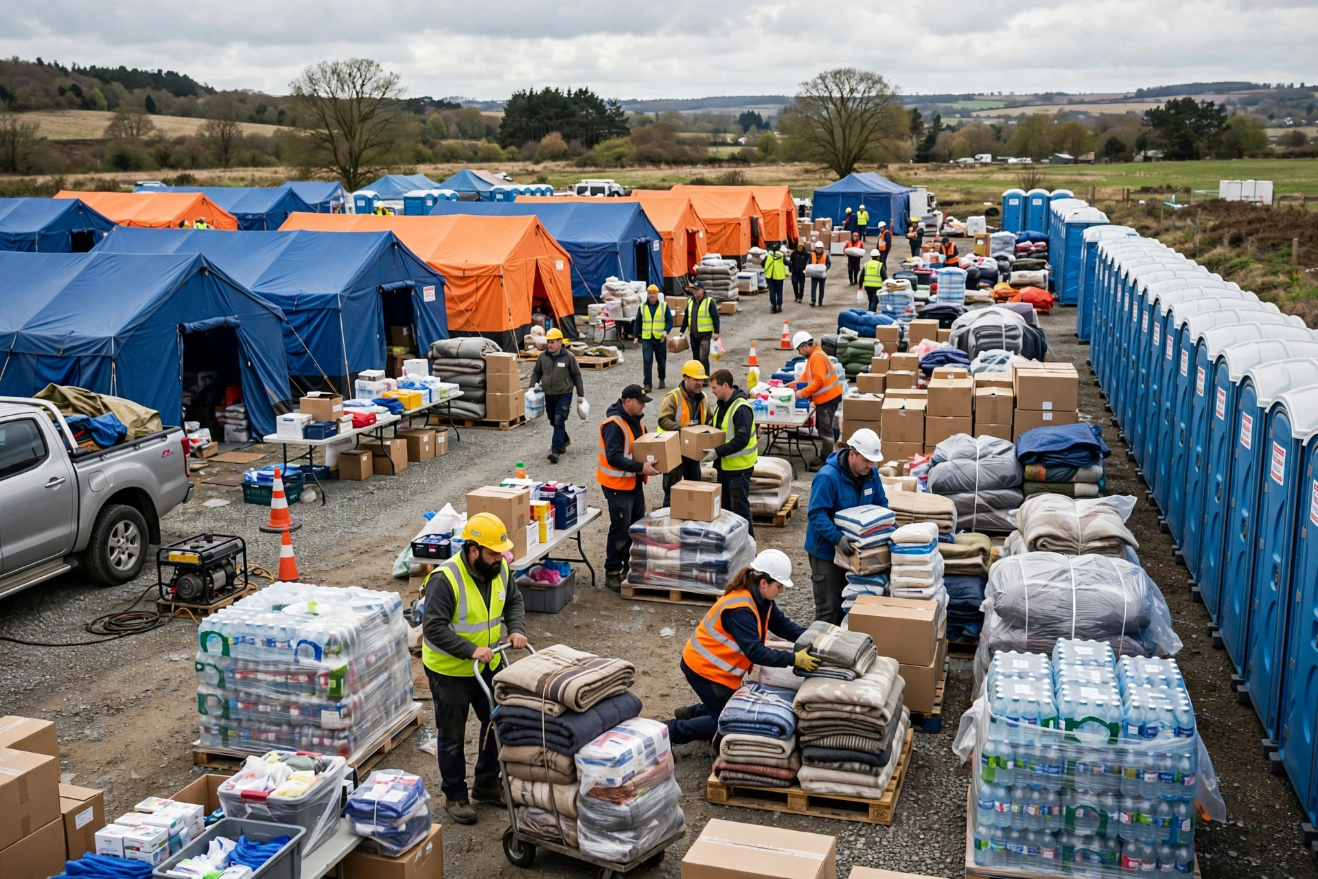 Disaster relief staging area with emergency tents and rows of portable toilets