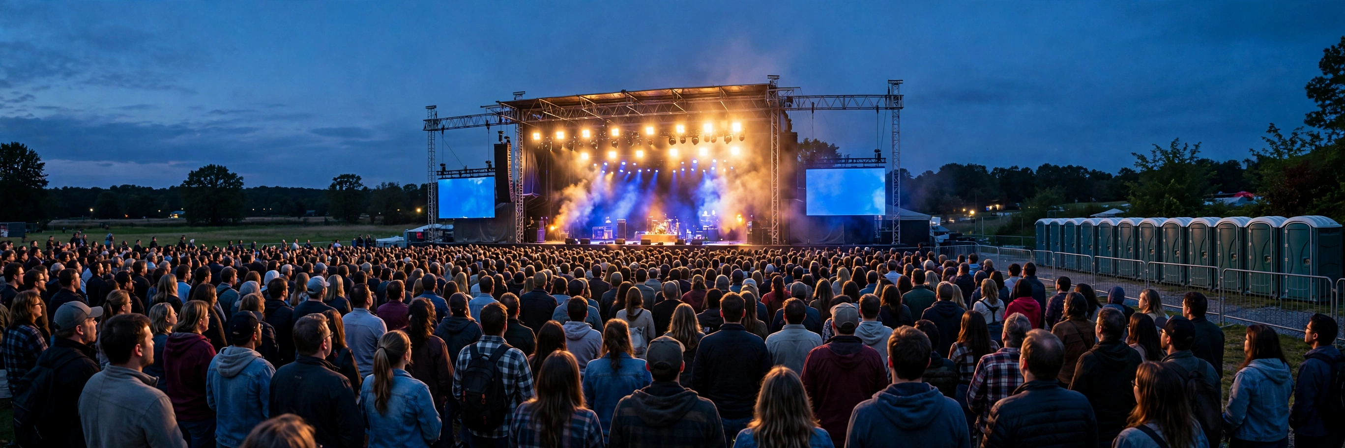 Outdoor concert crowd at dusk with portable toilets at the side of the venue