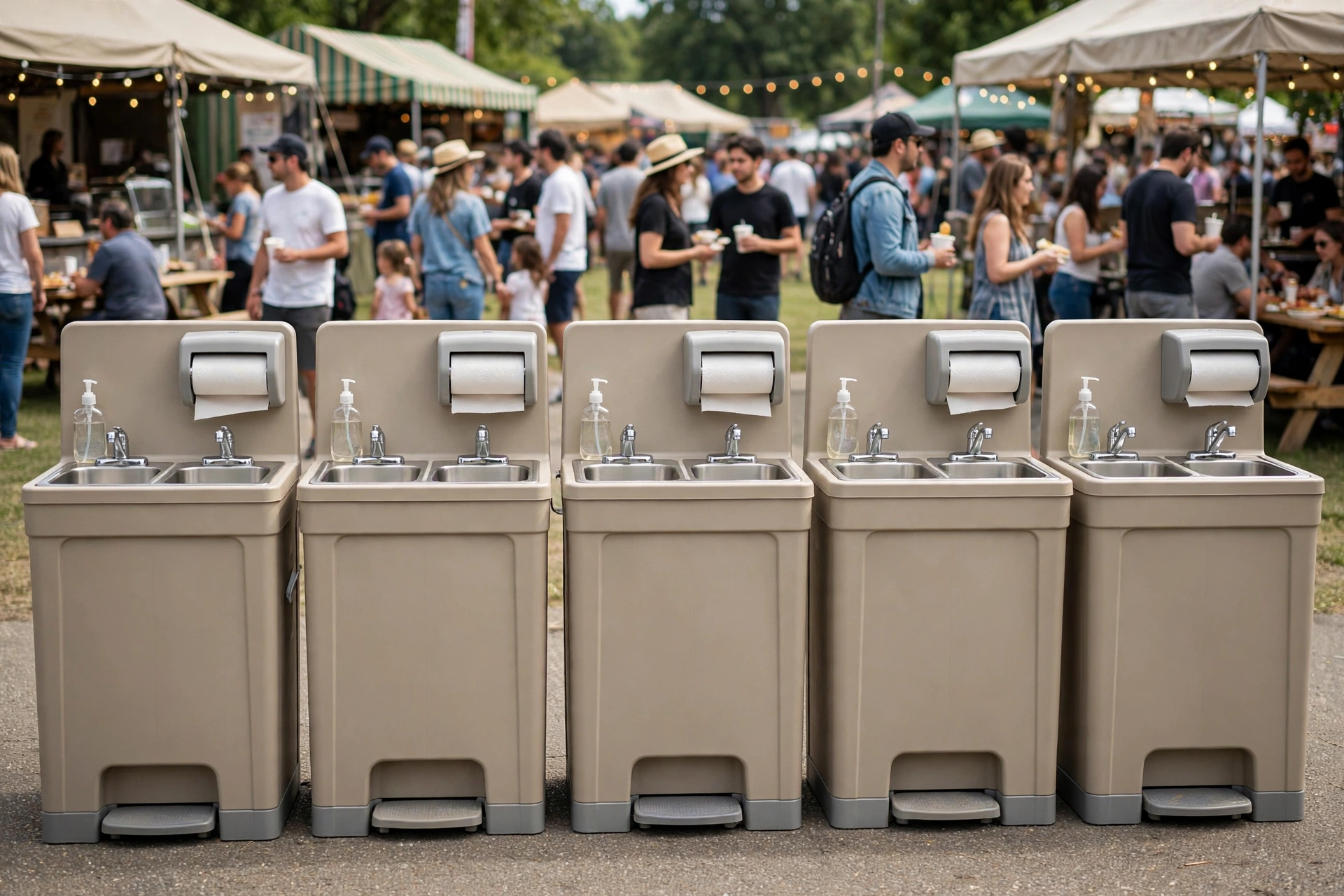 Row of portable hand wash stations with sinks at an outdoor food festival