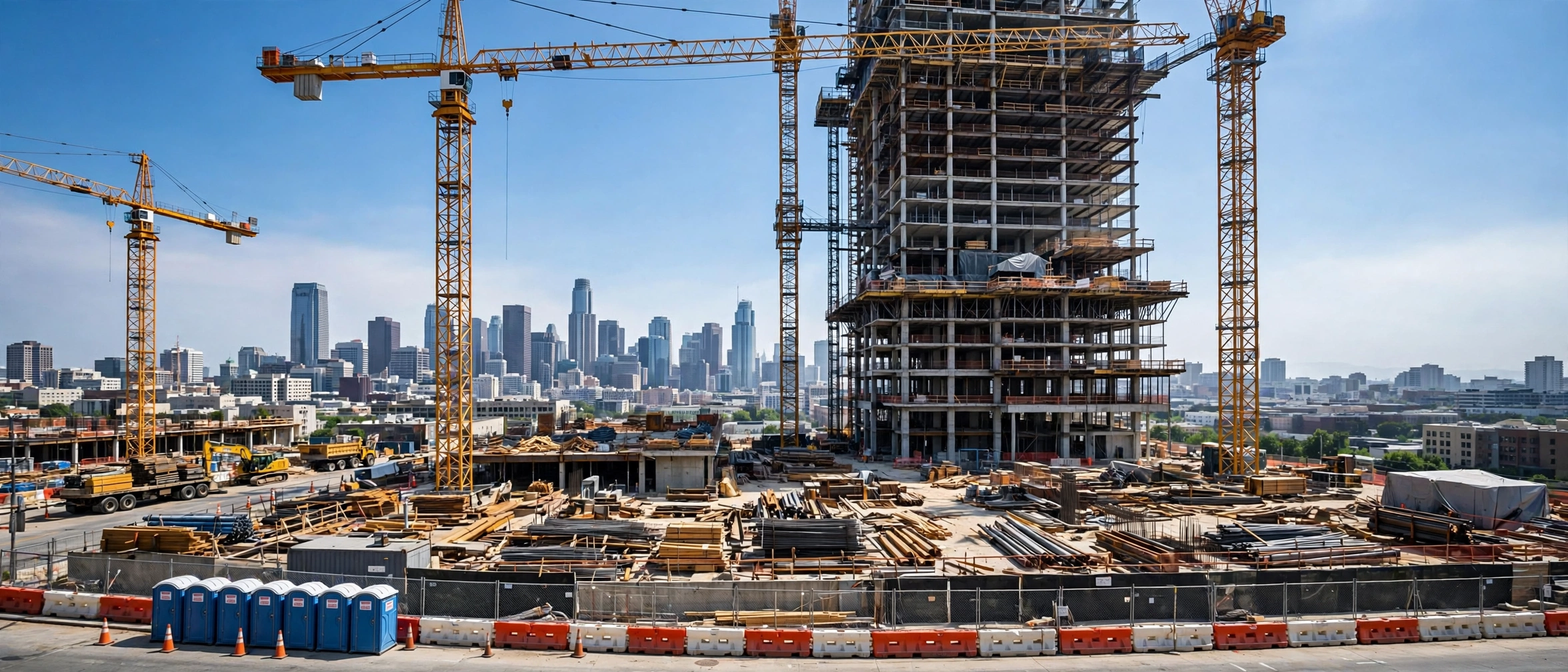 High-rise construction site with tower cranes and portable sanitation units at street level