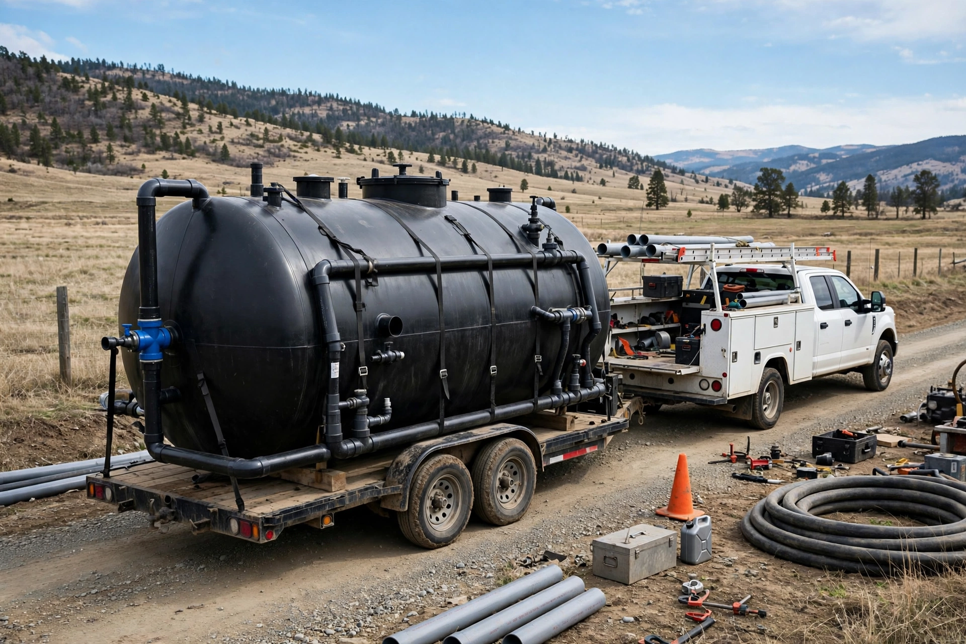 Large portable holding tank on a trailer at a remote rural job site