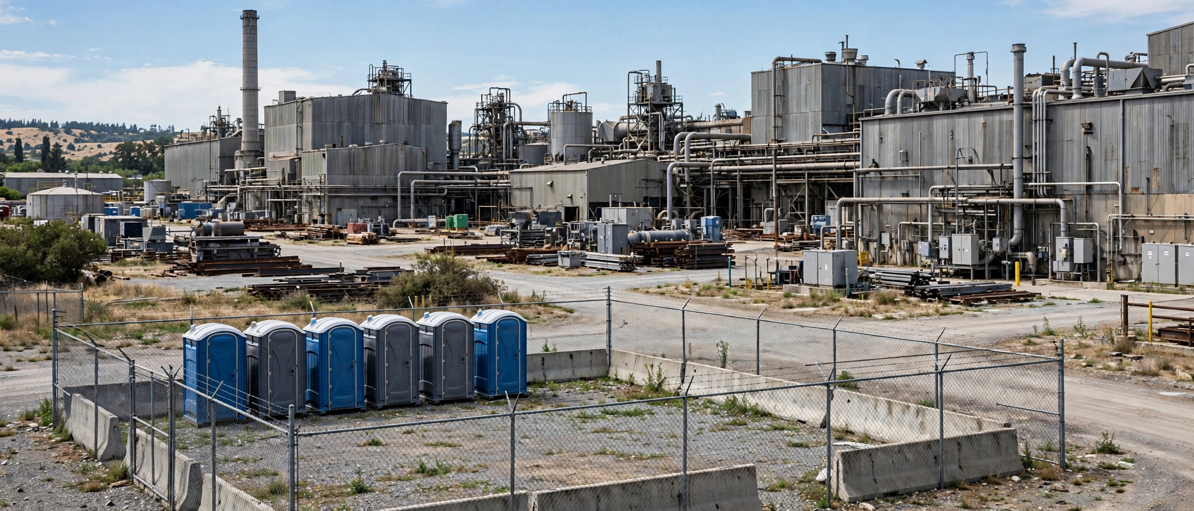 Portable toilet units in a fenced compound at an industrial plant