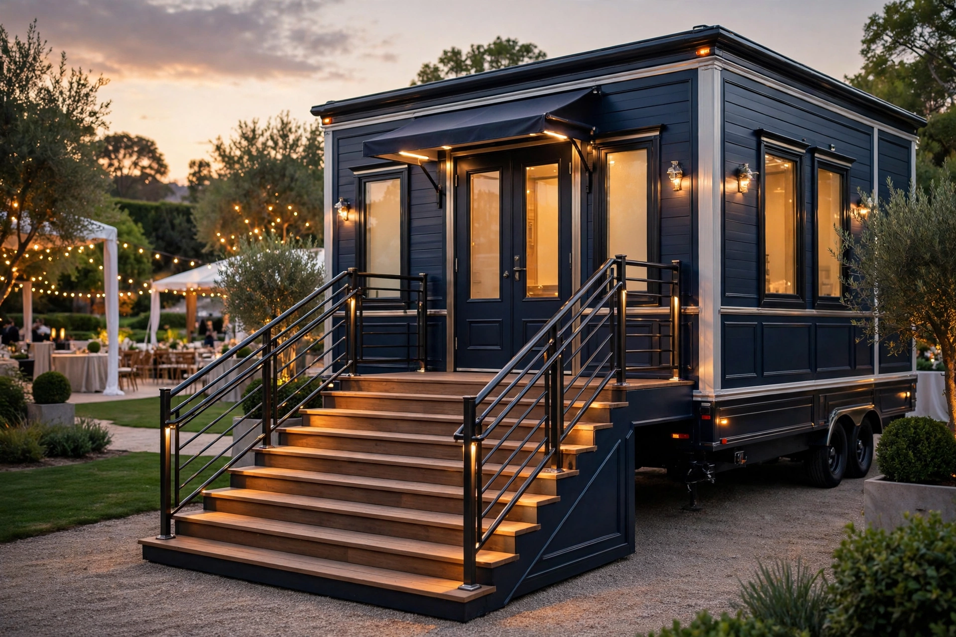 Luxury portable restroom trailer with entry stairs at an event venue at dusk