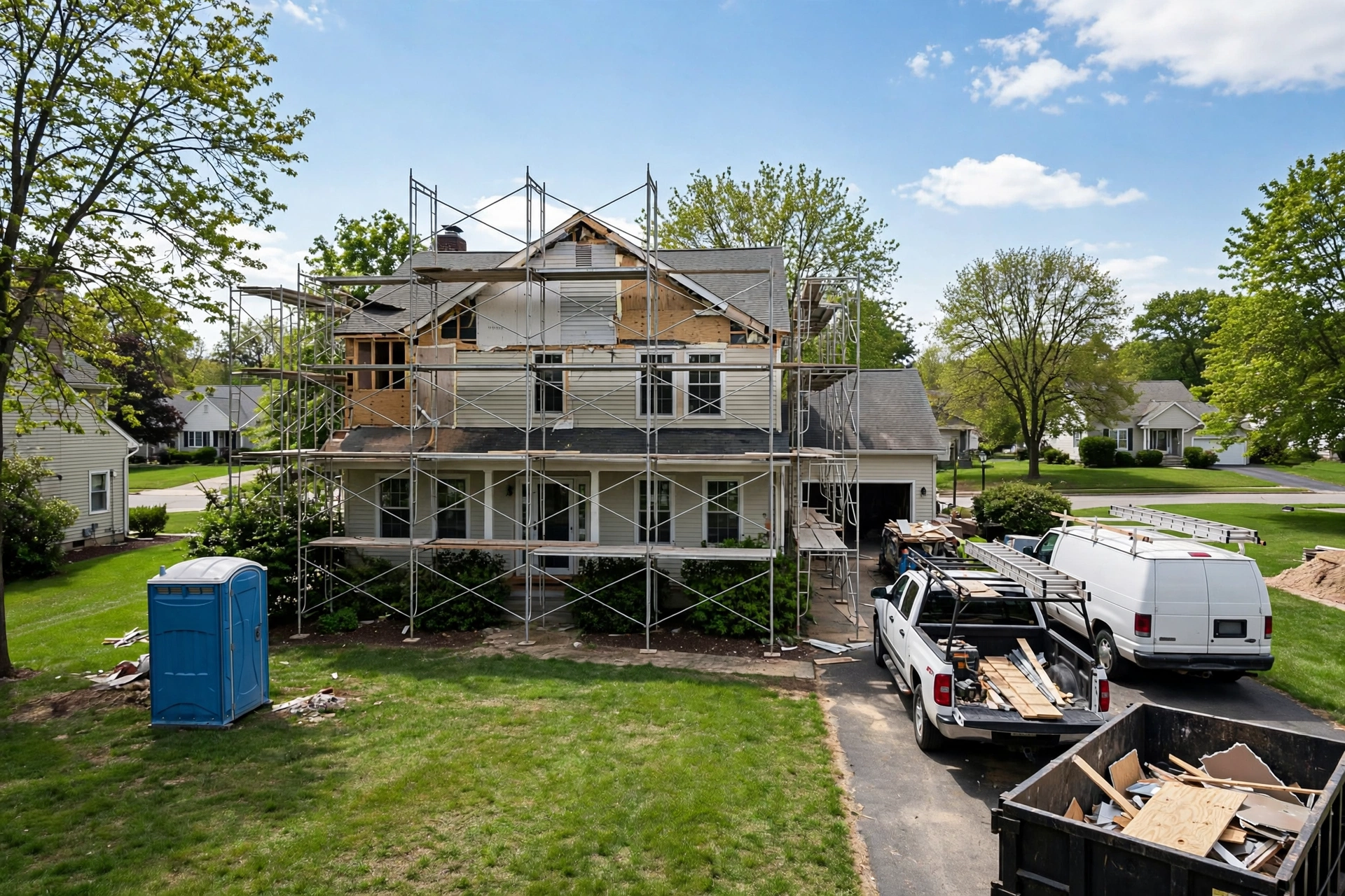 Suburban home under renovation with a portable toilet on the front lawn