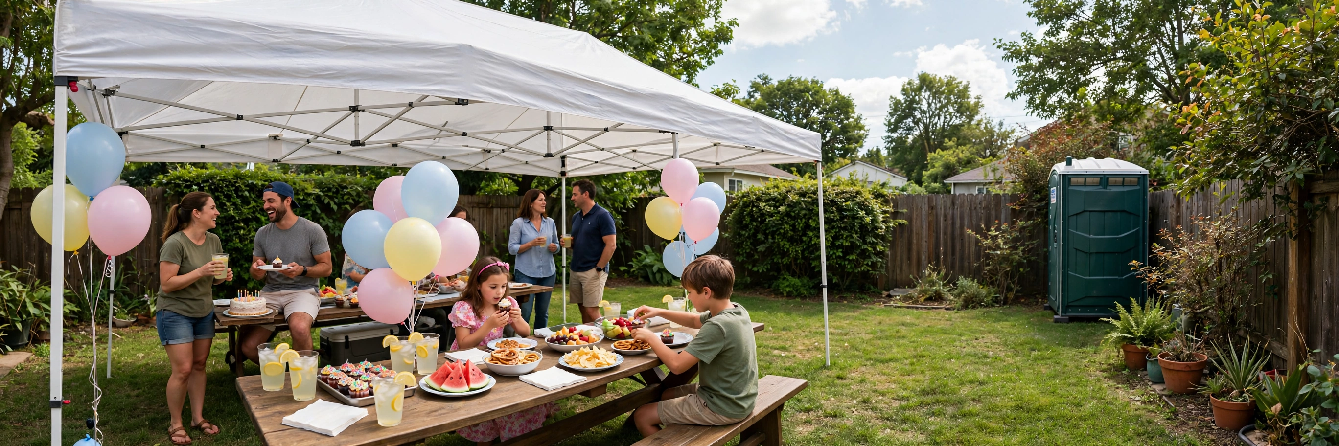 Backyard party with a portable toilet placed discreetly by the fence