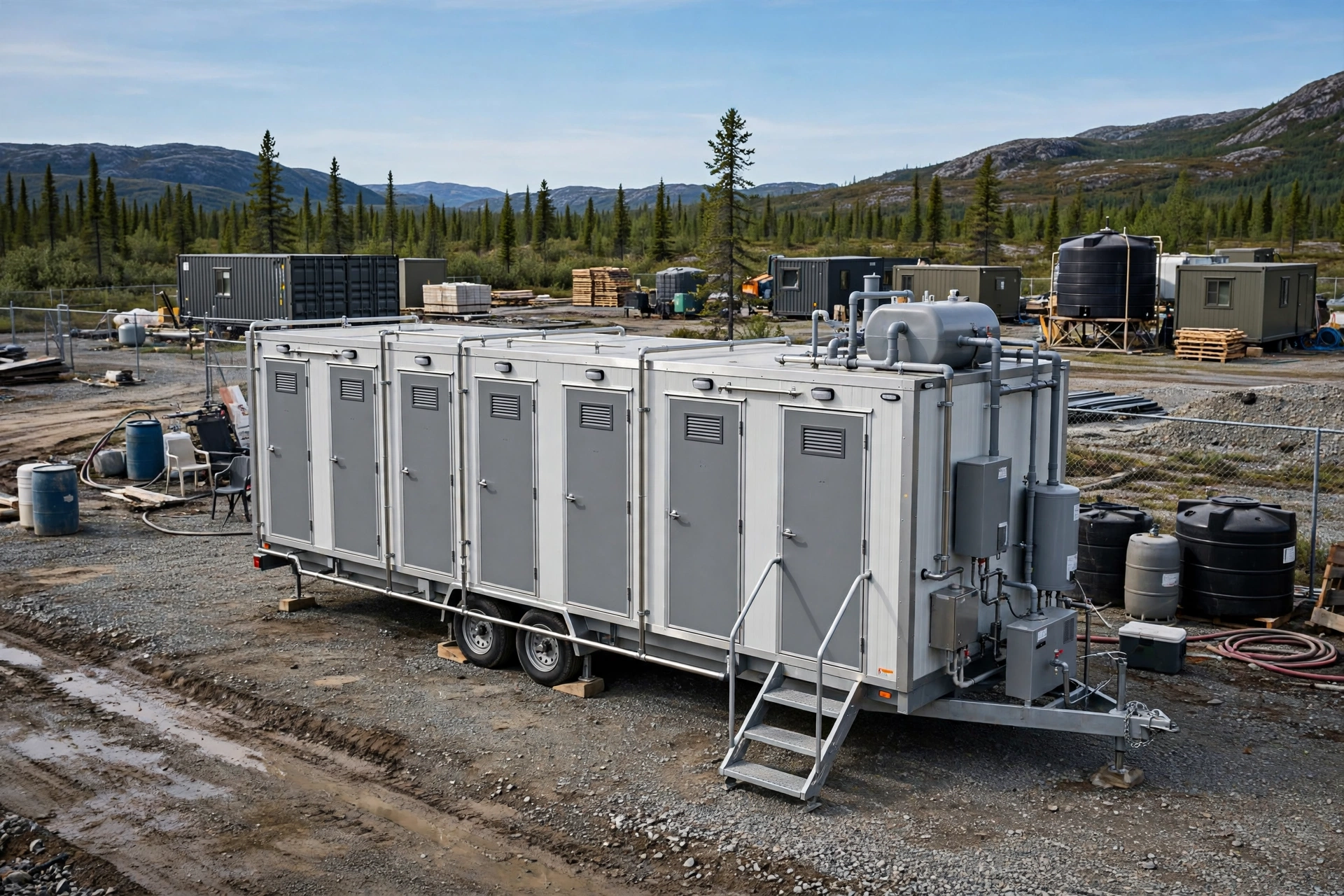 Portable shower trailer with multiple stalls at a remote work camp