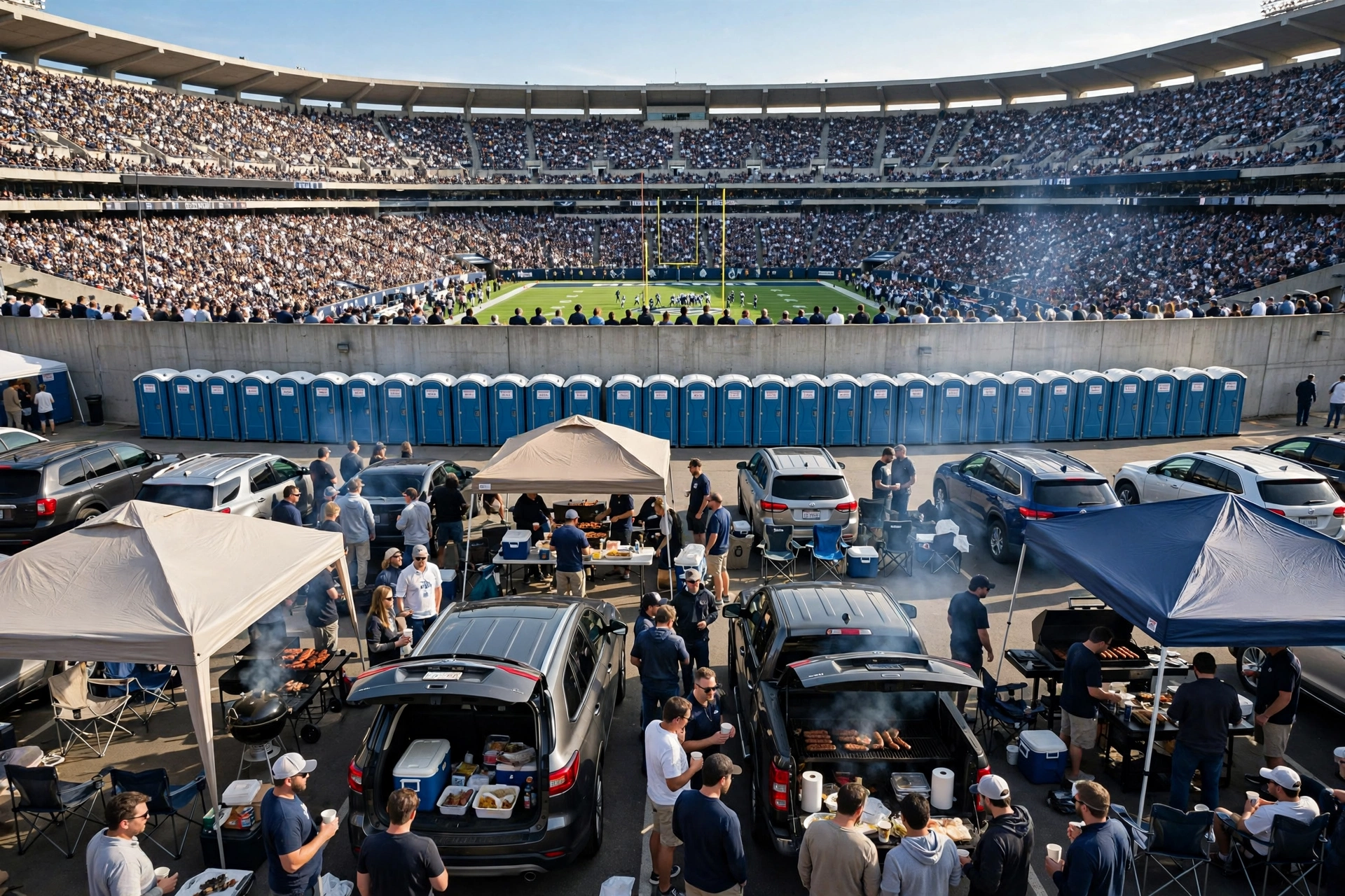 Sports stadium tailgate area with portable toilets in the background